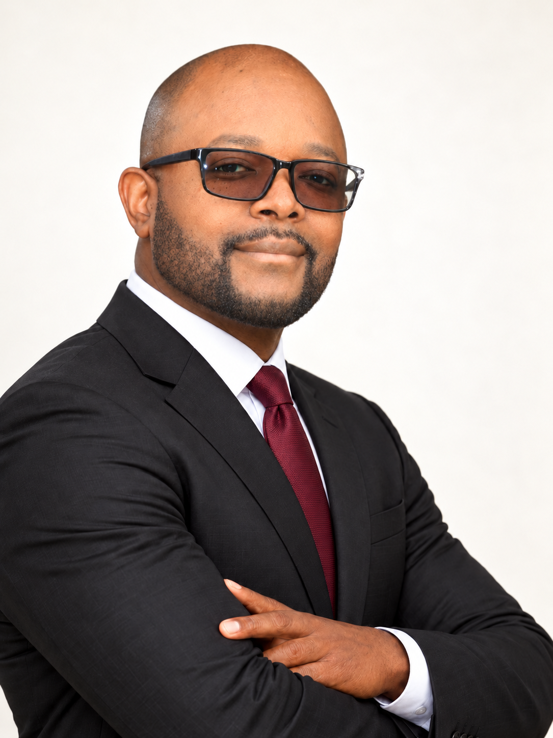Noah Ndhlovu in a black suit and burgundy tie, cropped above his hands